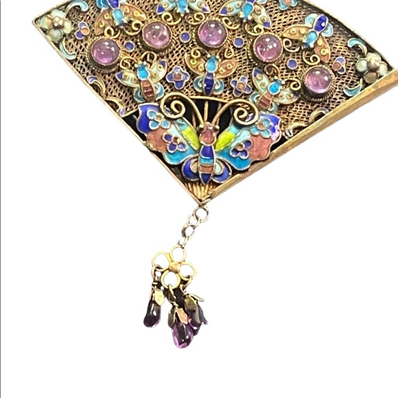 Antique silver sterling 925 China filagree enameled butterfly amethyst brooch - Picture 3 of 12